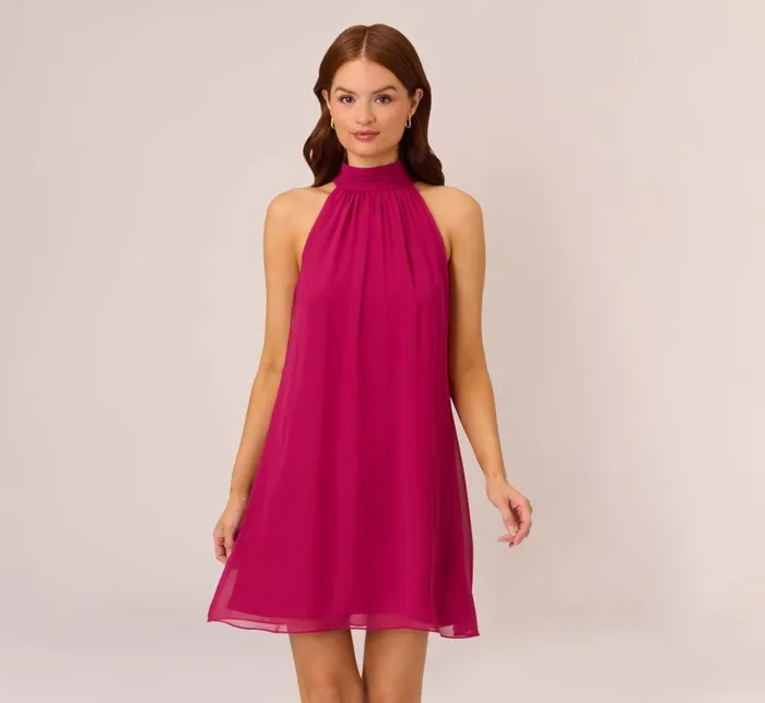 Short Dresses Womens Adrianna Papell Sleeveless Pleated Chiffon Shift Dress With Mock Neckline In Magenta