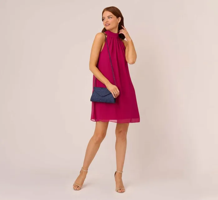 Short Dresses Womens Adrianna Papell Sleeveless Pleated Chiffon Shift Dress With Mock Neckline In Magenta
