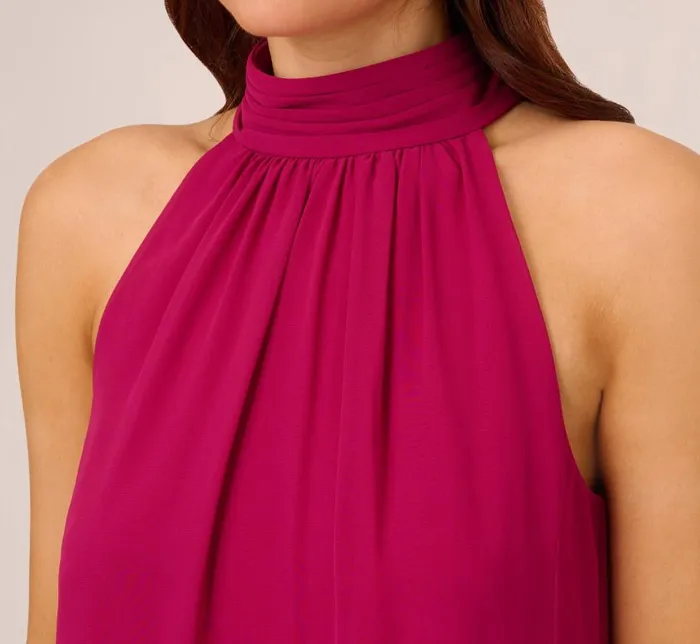 Short Dresses Womens Adrianna Papell Sleeveless Pleated Chiffon Shift Dress With Mock Neckline In Magenta