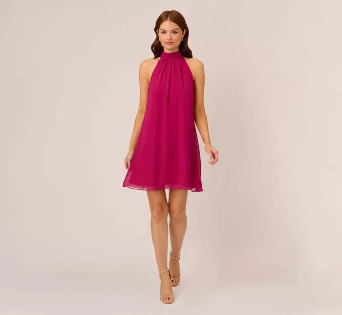 Short Dresses Womens Adrianna Papell Sleeveless Pleated Chiffon Shift Dress With Mock Neckline In Magenta