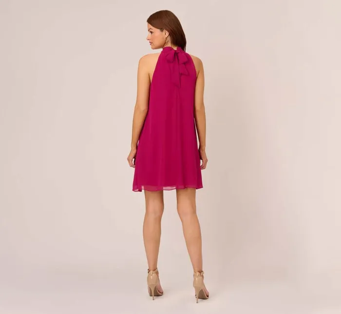 Short Dresses Womens Adrianna Papell Sleeveless Pleated Chiffon Shift Dress With Mock Neckline In Magenta