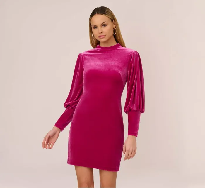 Short Dresses Womens Adrianna Papell Velvet Short Sheath Cocktail Dress With Mutton Sleeves In Hot Pink