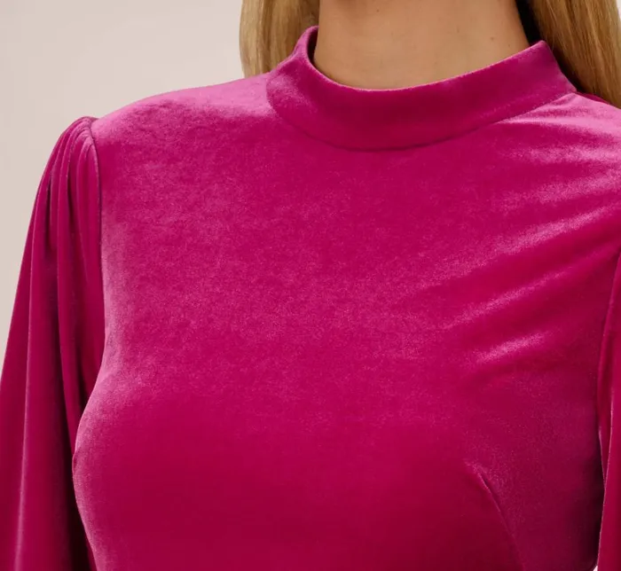 Short Dresses Womens Adrianna Papell Velvet Short Sheath Cocktail Dress With Mutton Sleeves In Hot Pink