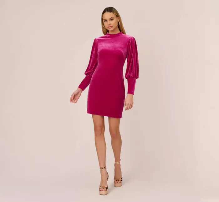 Short Dresses Womens Adrianna Papell Velvet Short Sheath Cocktail Dress With Mutton Sleeves In Hot Pink