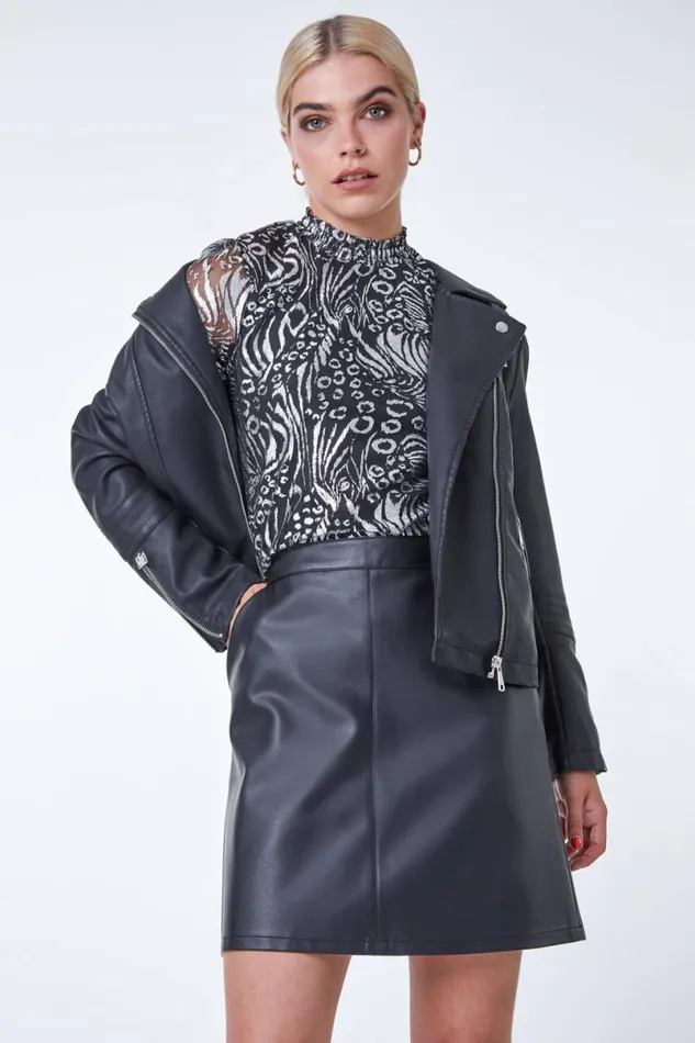 Silver Animal High Neck Metallic Chiffon Blouse Women Roman Tops