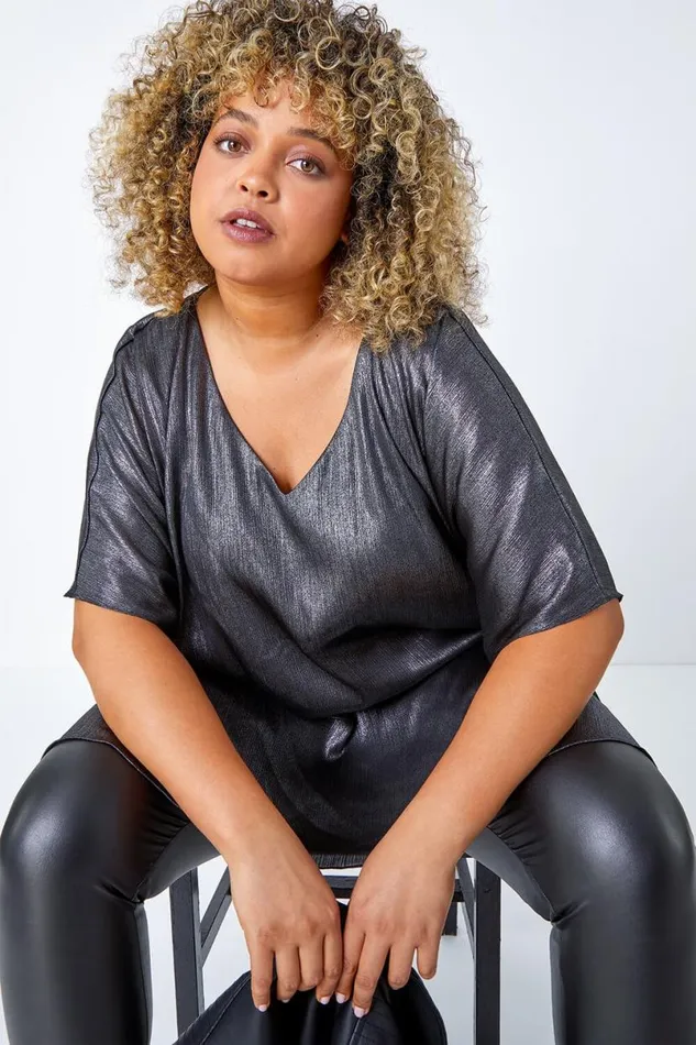 Silver Curve Shimmer VNeck Overlay Top Women Roman Tops