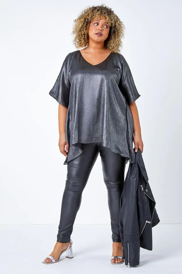Silver Curve Shimmer VNeck Overlay Top Women Roman Tops