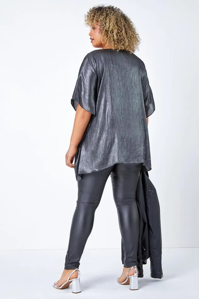 Silver Curve Shimmer VNeck Overlay Top Women Roman Tops