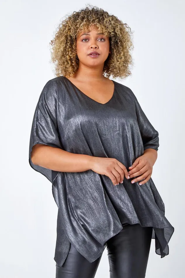 Silver Curve Shimmer VNeck Overlay Top Women Roman Tops