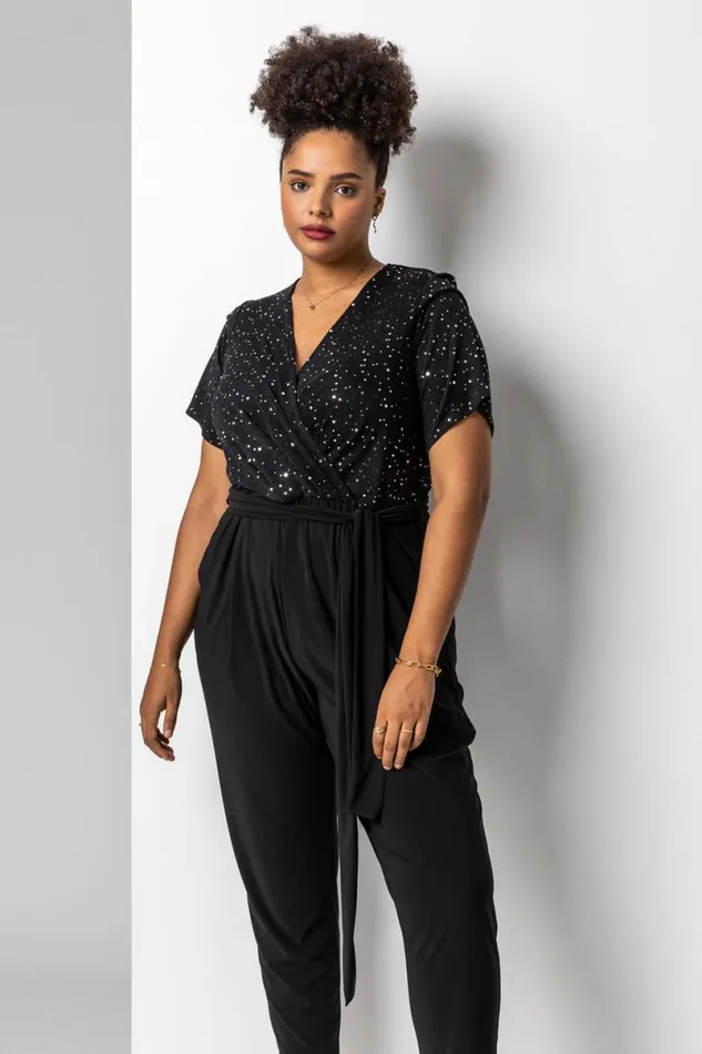 Silver Curve Sparkle Wrap Jumpsuit Women Roman Dresses
