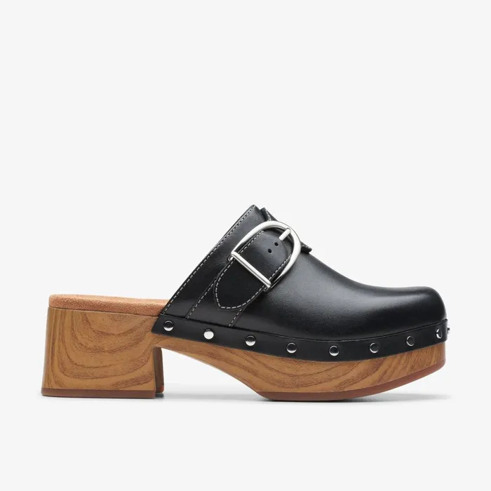 Sivanne Sun Black Leather Women Clarks Clogs and Mules