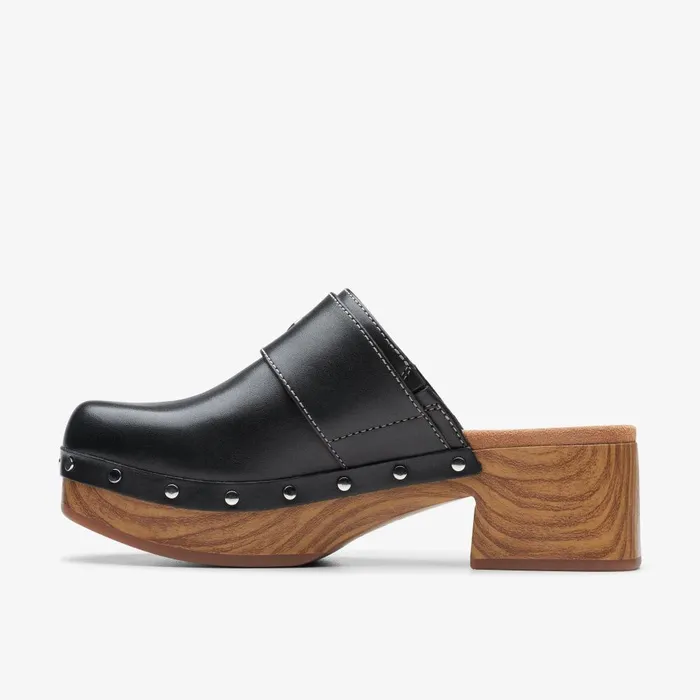 Sivanne Sun Black Leather Women Clarks Clogs and Mules