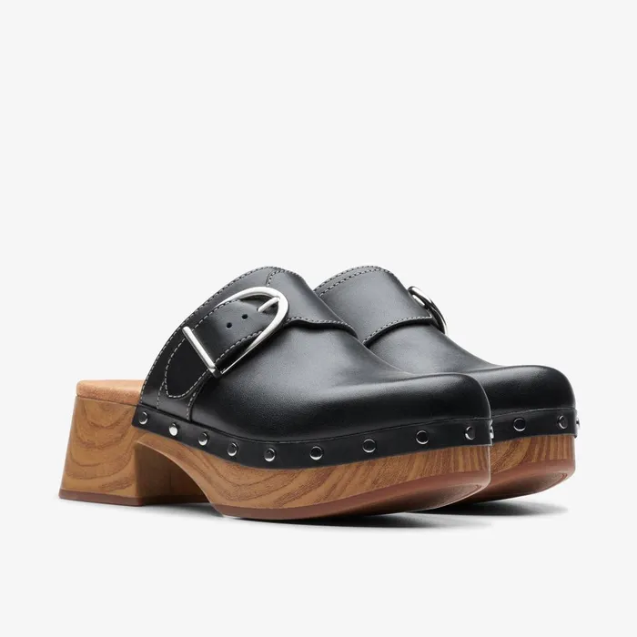 Sivanne Sun Black Leather Women Clarks Clogs and Mules