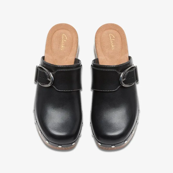 Sivanne Sun Black Leather Women Clarks Clogs and Mules