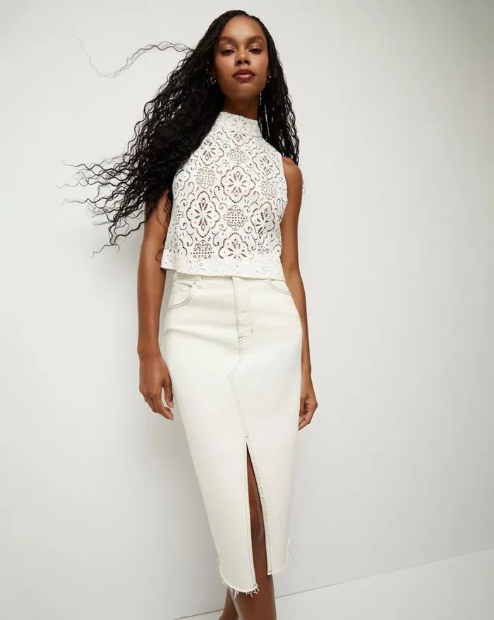Skirts and Shorts Shop Veronica Beard Breves Denim Midi Skirt Ecru