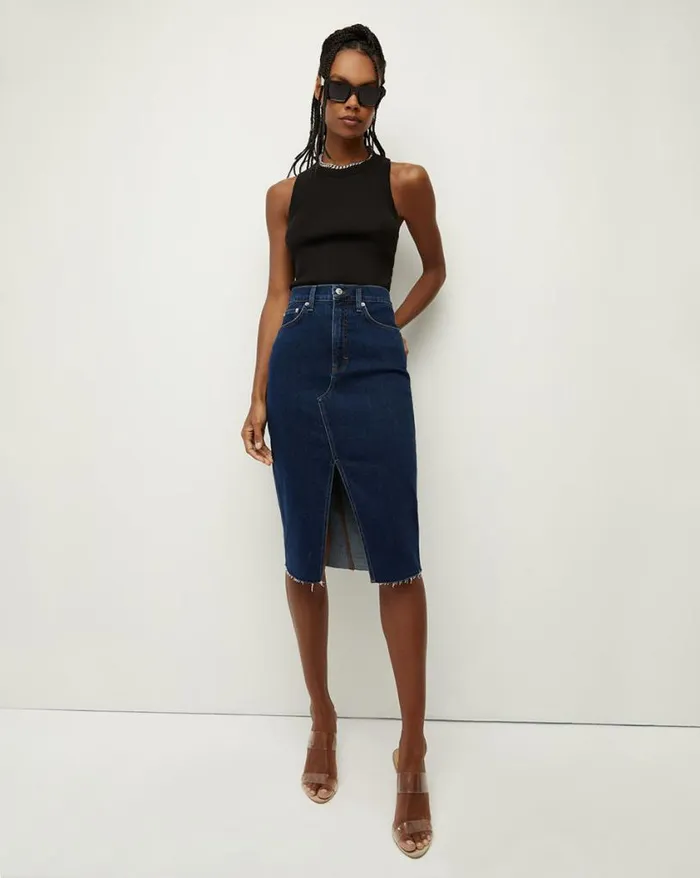 Skirts and Shorts Shop Veronica Beard Breves Denim Midi Skirt Washed Oxford