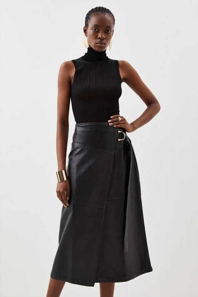 Skirts Women Karen Millen Faux Leather Tie Detail Wrap Midi Skirt Black