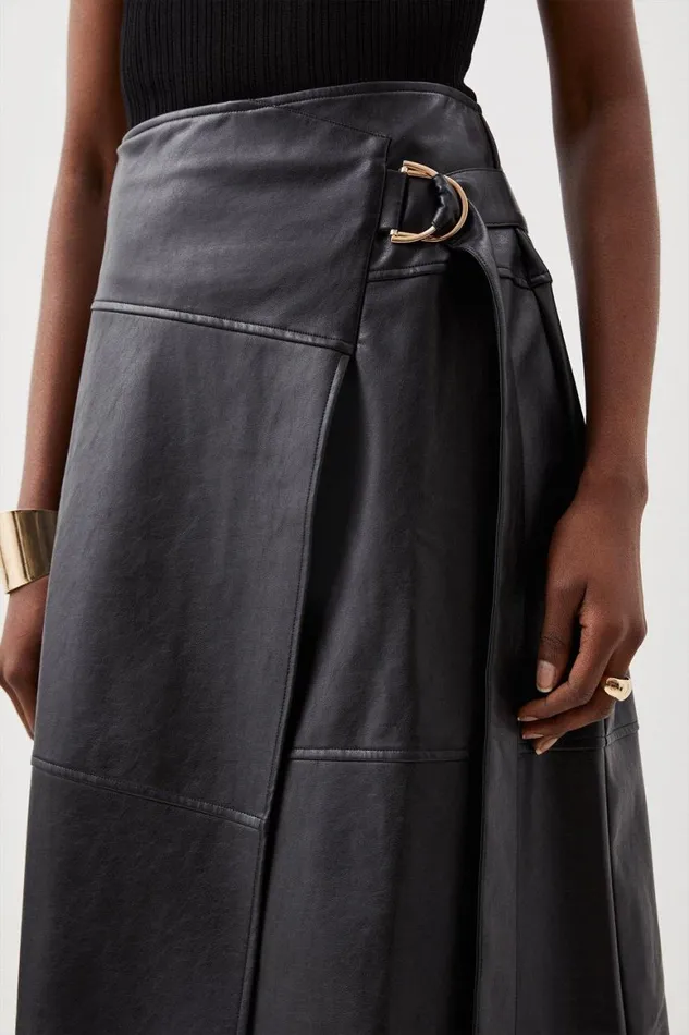 Skirts Women Karen Millen Faux Leather Tie Detail Wrap Midi Skirt Black