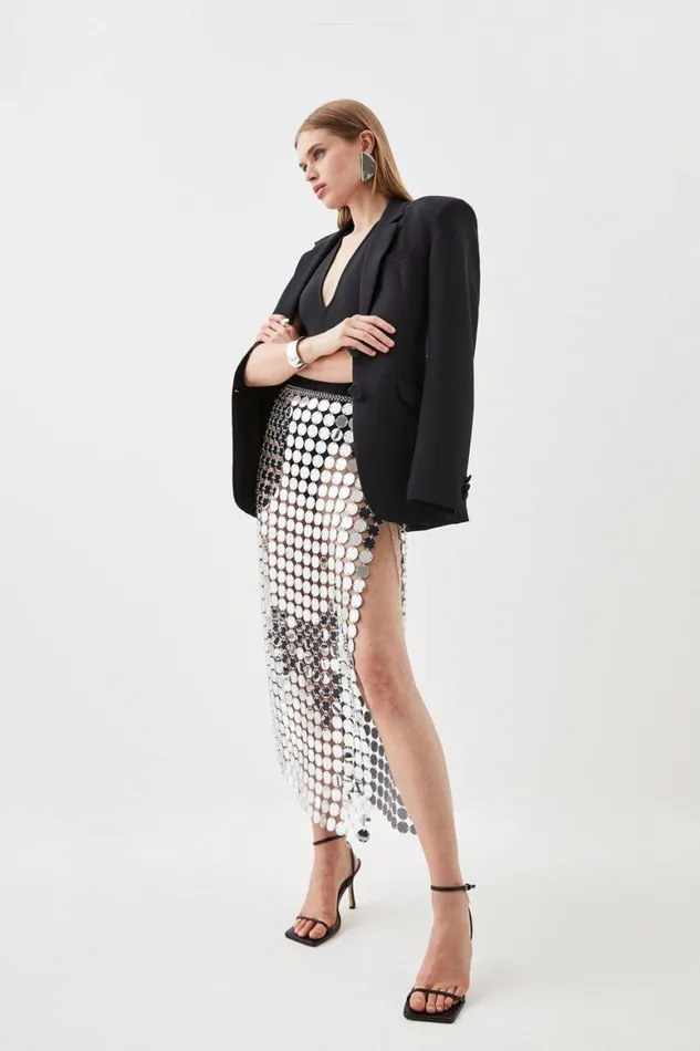 Skirts Women Karen Millen Mirrored Disc Maxi Skirt Silver