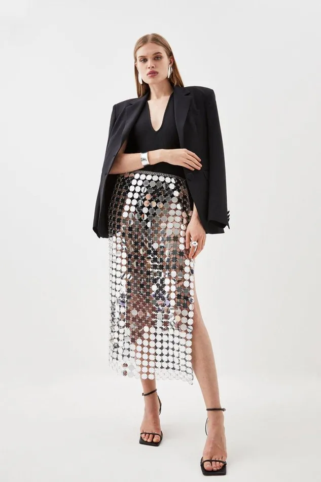 Skirts Women Karen Millen Mirrored Disc Maxi Skirt Silver