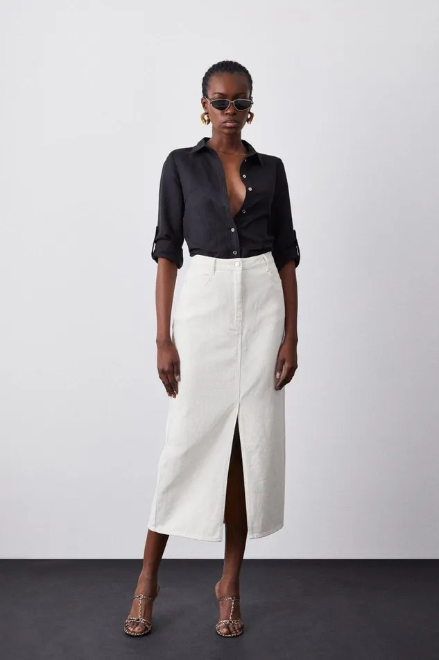 Skirts Women Karen Millen Petite Denim Maxi Skirt Cream