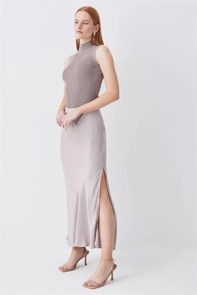 Skirts Women Karen Millen Satin Bias Cut Midi Skirt Stone