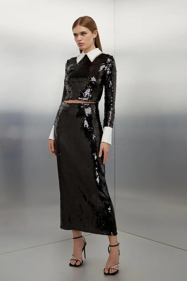 Skirts Women Karen Millen Sequin Front Split Woven Midi Skirt Black