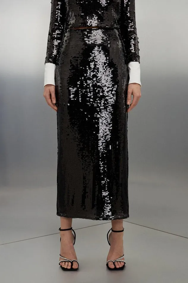 Skirts Women Karen Millen Sequin Front Split Woven Midi Skirt Black