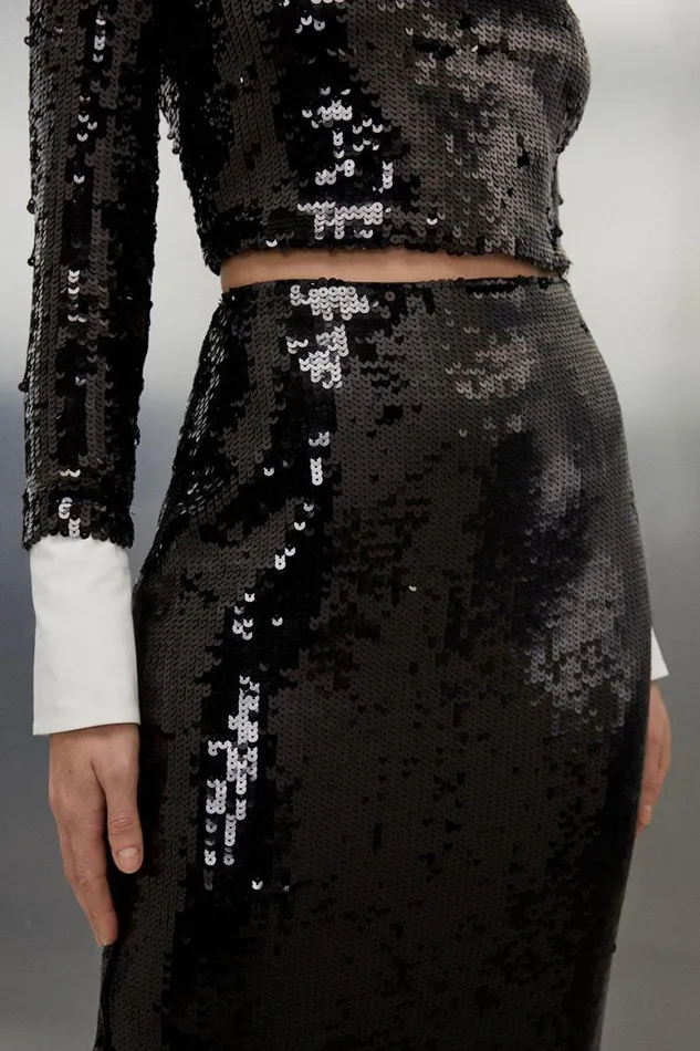 Skirts Women Karen Millen Sequin Front Split Woven Midi Skirt Black