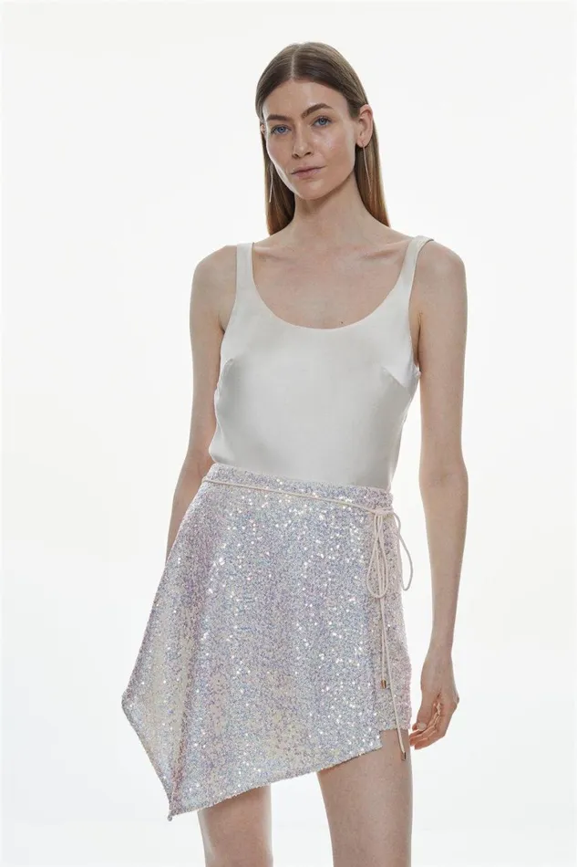 Skirts Women Karen Millen Sequinned Asymmetric Woven Mini Skirt Silver
