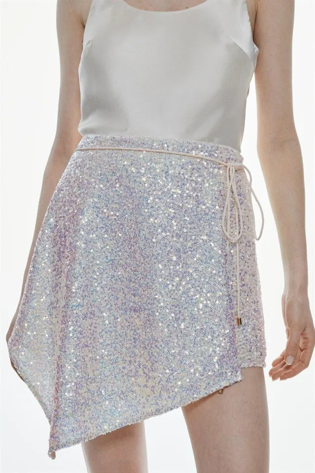 Skirts Women Karen Millen Sequinned Asymmetric Woven Mini Skirt Silver