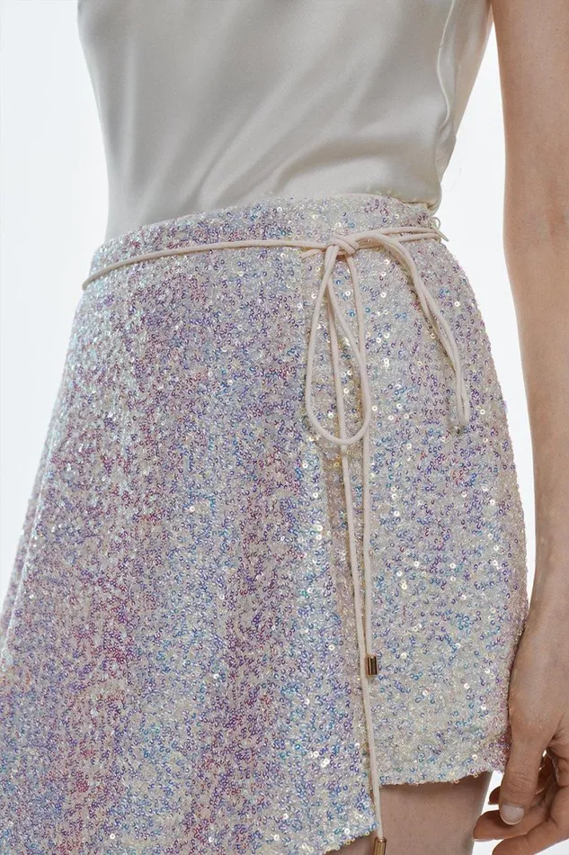 Skirts Women Karen Millen Sequinned Asymmetric Woven Mini Skirt Silver
