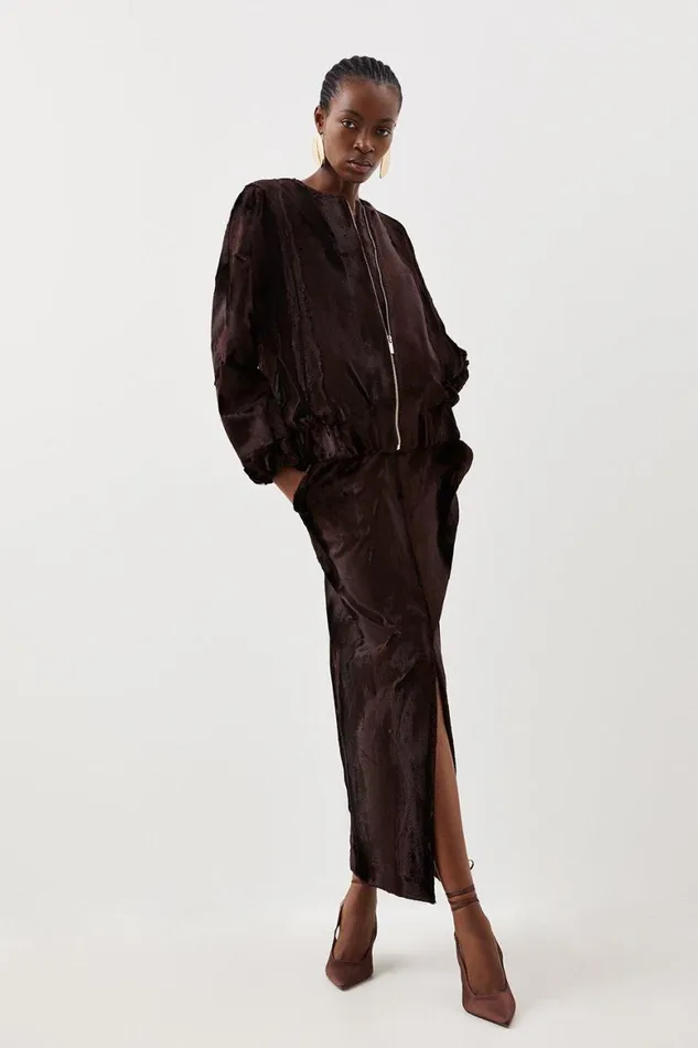 Skirts Women Karen Millen Tailored Signature Ponyskin High Waist Midi Skirt Chocolate