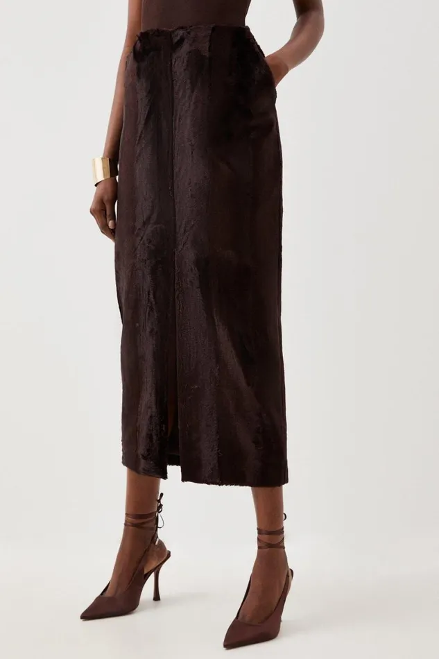 Skirts Women Karen Millen Tailored Signature Ponyskin High Waist Midi Skirt Chocolate