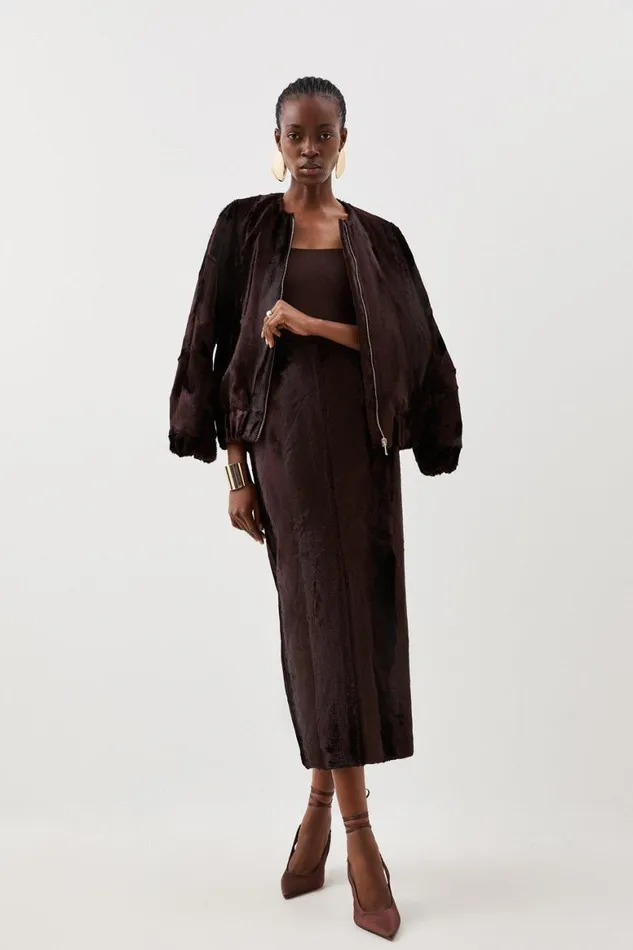 Skirts Women Karen Millen Tailored Signature Ponyskin High Waist Midi Skirt Chocolate