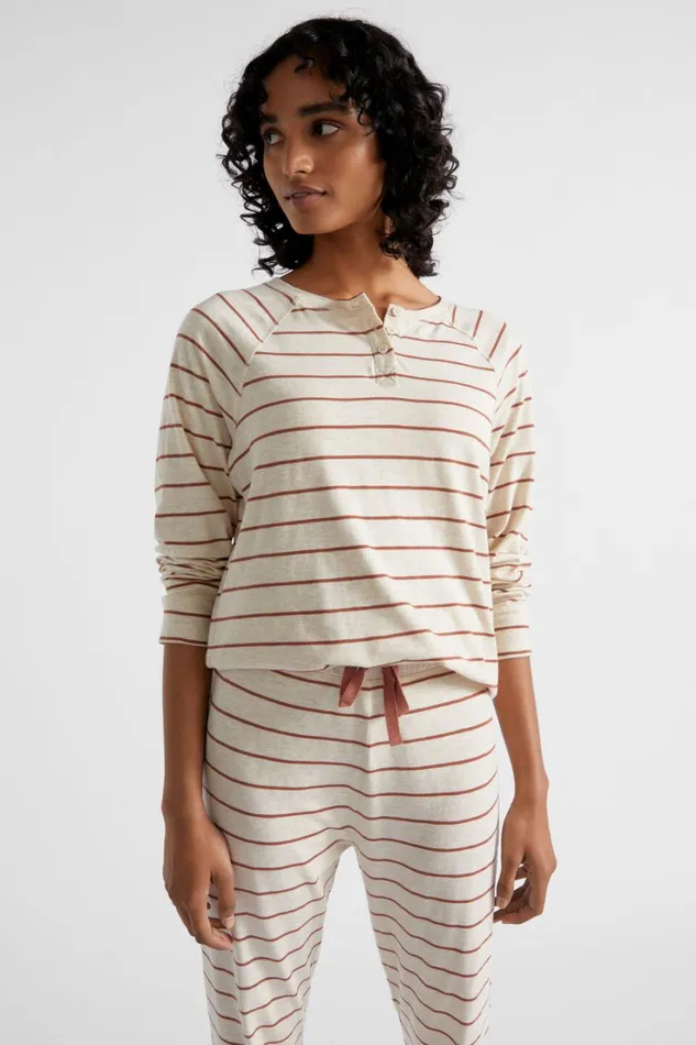 Sleepwear Woman Seed Heritage Raglan Long Sleeve PJ Pant Set Flax Marle Stripe
