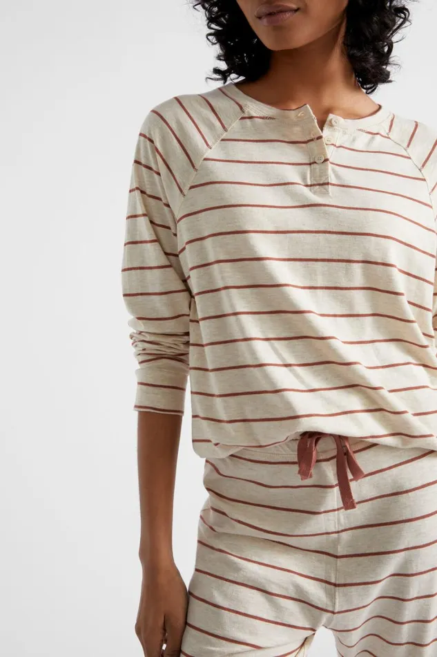 Sleepwear Woman Seed Heritage Raglan Long Sleeve PJ Pant Set Flax Marle Stripe
