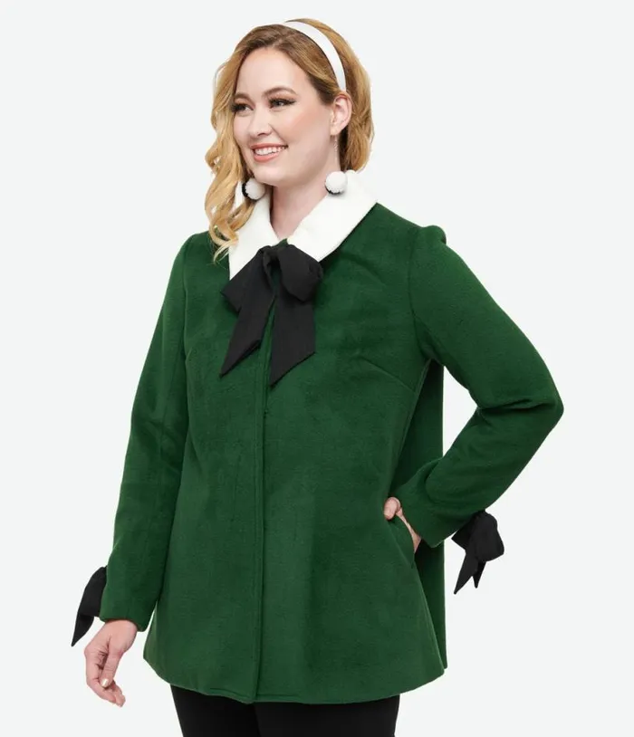 Smak Parlour 1960s Green and Black Bows Topper Coat Clothing Unique Vintage Coats and Jackets