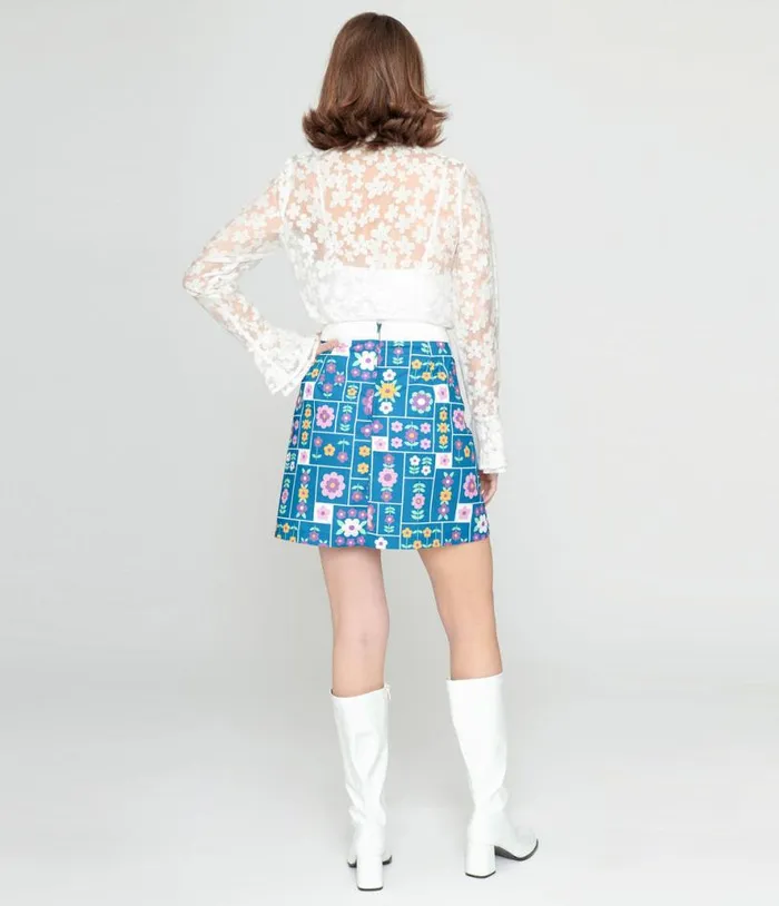 Smak Parlour 1960s Teal Wallpaper Floral Print Mod Skirt Clothing Unique Vintage Skirts