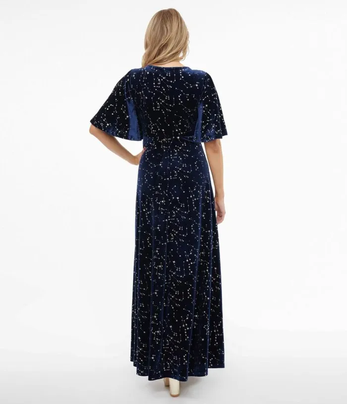 Smak Parlour 1970s Blue Velvet Silver Stars Cutout Maxi Dress Dresses Unique Vintage Maxi