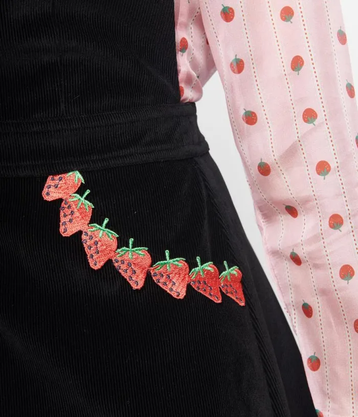 Smak Parlour Black and Strawberry Trim Pinafore Skirt Clothing Unique Vintage Skirts