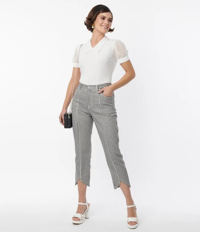 Smak Parlour Black and White Gingham High Rise Capri Clothing Unique Vintage Pants