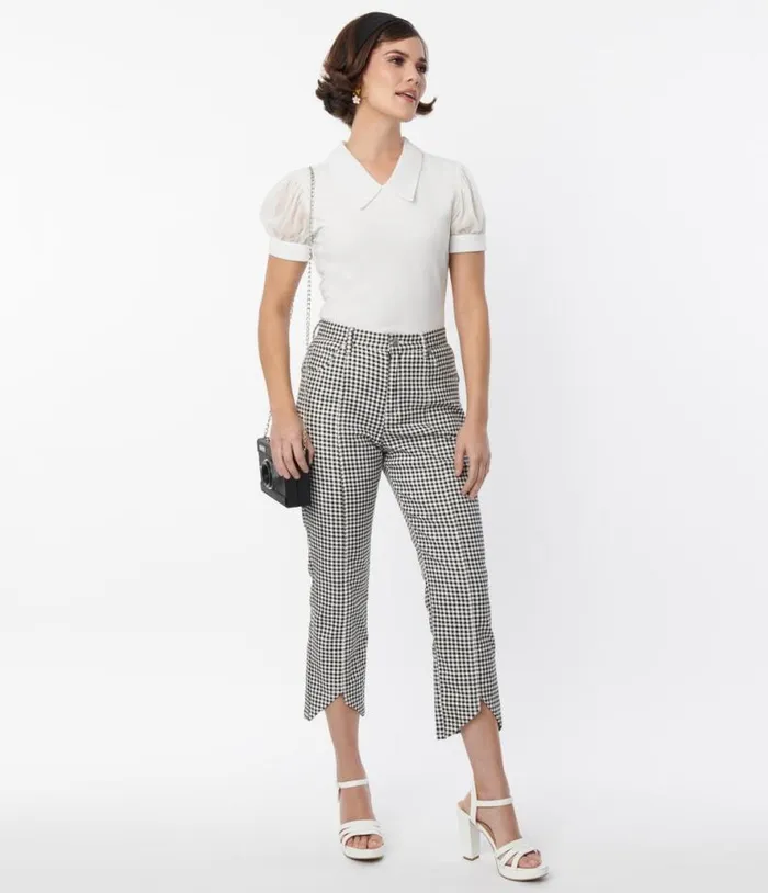 Smak Parlour Black and White Gingham High Rise Capri Clothing Unique Vintage Pants