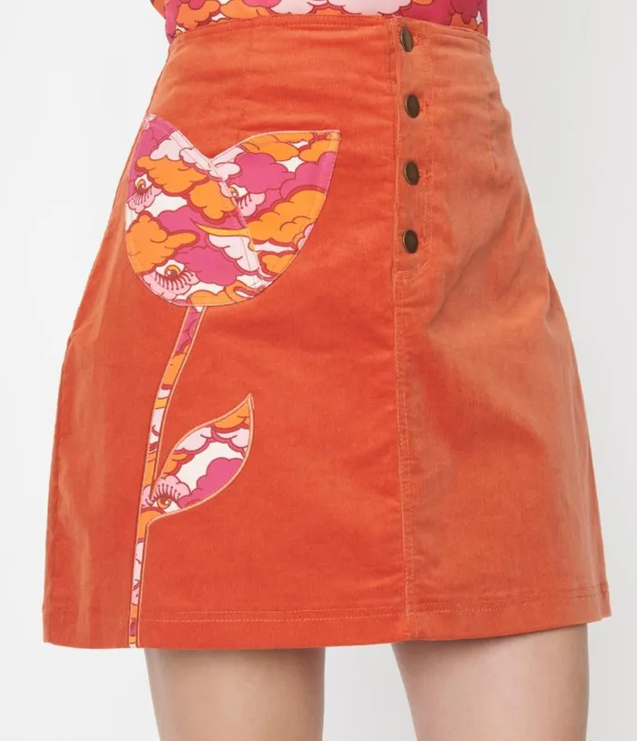 Smak Parlour Burnt Orange Psychedelic Tulip Mini Skirt ClothingPlus Unique Vintage Skirts