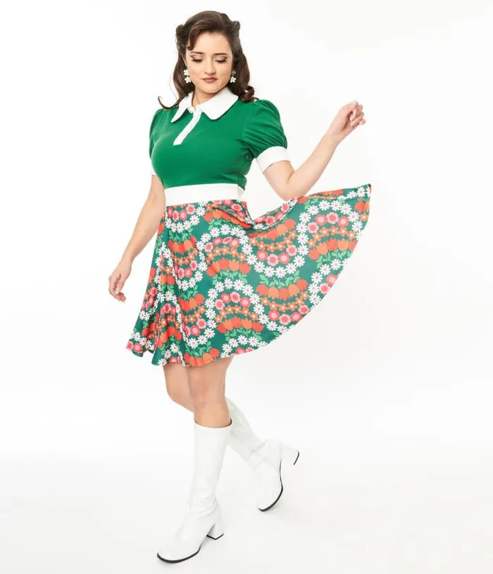 Smak Parlour Green Daisy Chain Print Fit and Flare Dress Dresses Unique Vintage Fit and Flare