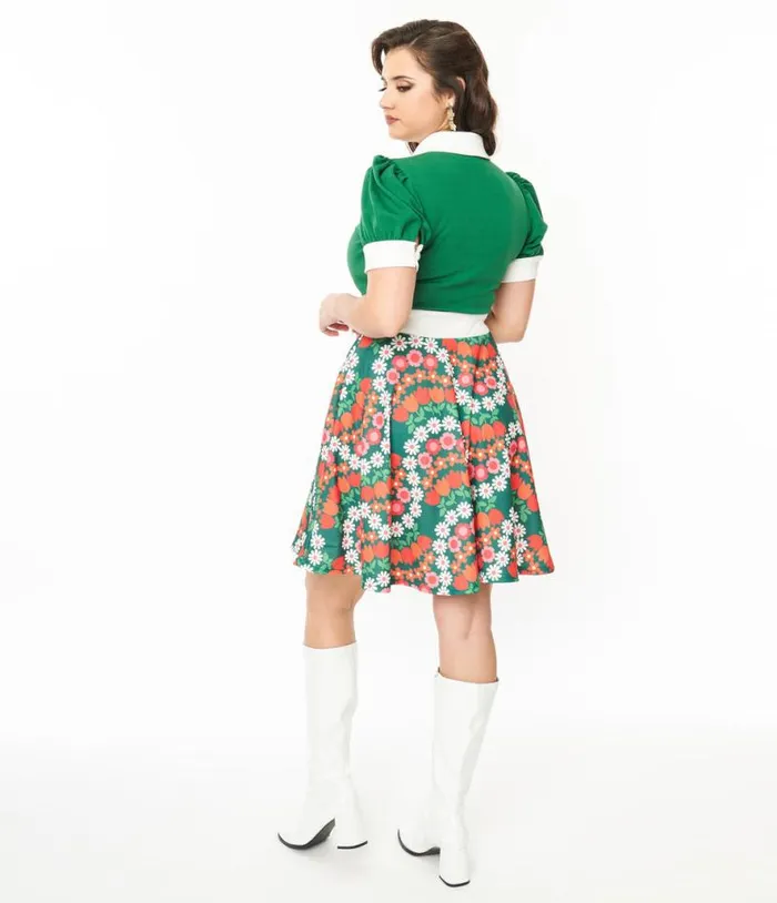 Smak Parlour Green Daisy Chain Print Fit and Flare Dress Dresses Unique Vintage Fit and Flare