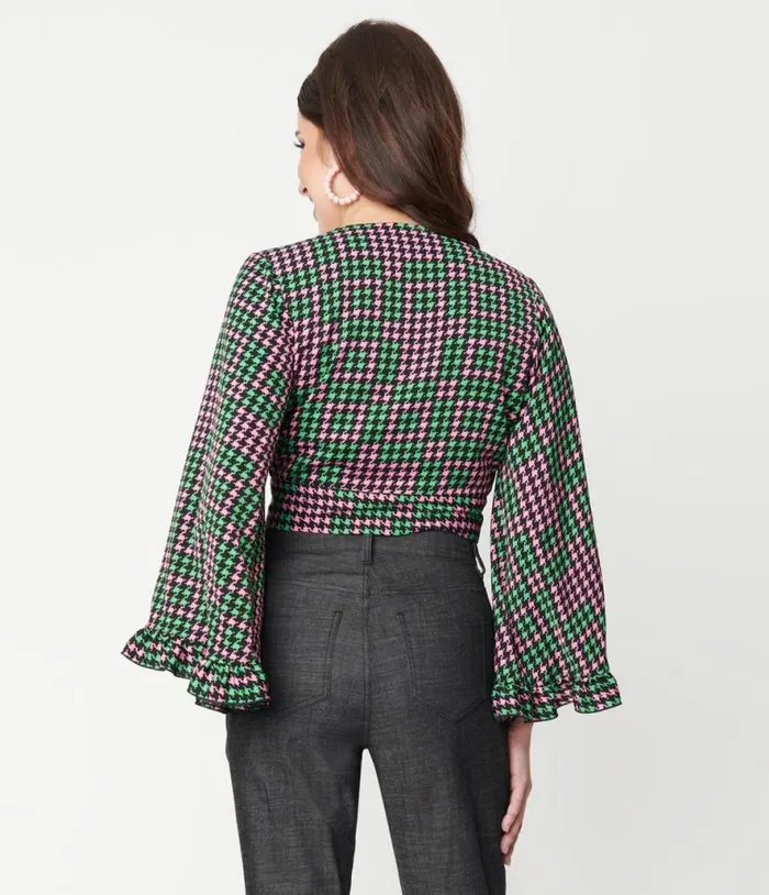 Smak Parlour Pink and Green Houndstooth Belva Crop Blouse Clothing Unique Vintage Blouses