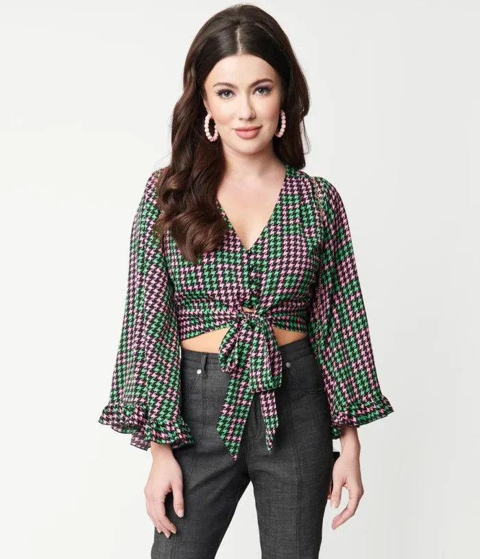 Smak Parlour Pink and Green Houndstooth Belva Crop Blouse Clothing Unique Vintage Blouses