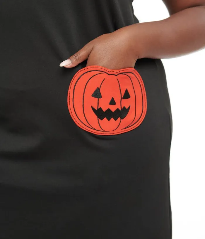 Smak Parlour Plus Size 1960s Black and Orange Pumpkin Pocket Shift Dress DressesHalloween Unique Vintage Pocket Dresses