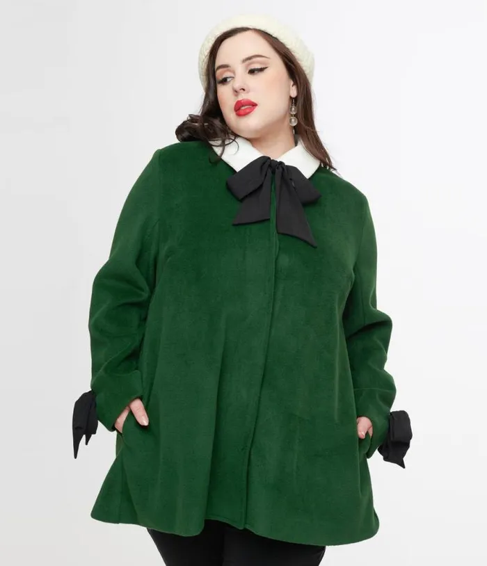 Smak Parlour Plus Size 1960s Green and Black Bows Topper Coat ClothingPlus Unique Vintage Jackets